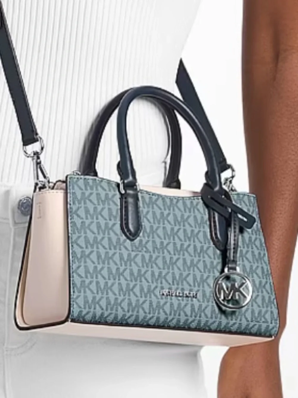 Michael Kors Light Blue Signature Satchel Crossbody with Navy Trim